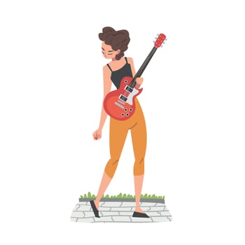 Young Woman Street Musician Character Playing Electric Guitar, Live Performance Cartoon Style Illustration vector