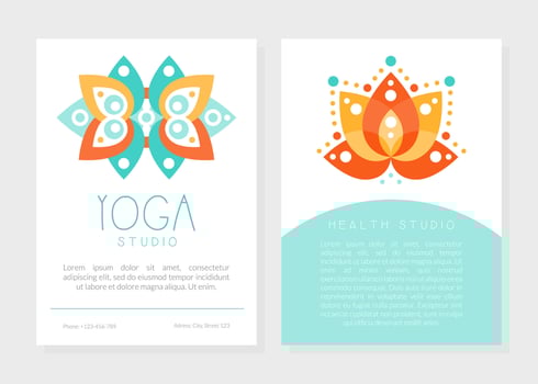 Yoga Studio Business Card Template with Front and Back Side, Spa Center, Traditional Medicine, Meditation and Spiritual Practice Hand Drawn Illustration vector