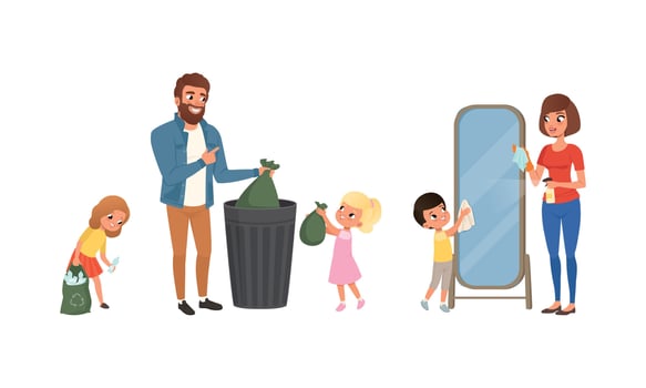 Cute Kids Helping Parents with Housework Set, Children Wiping Dust and Throwing Garbage into Trash Can Cartoon Illustration vector