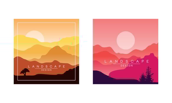 Beautiful Mountain Landscape at Sunrise and Sunset, Peaceful Nature Background, Banner, Poster, Cover Set Illustration vector