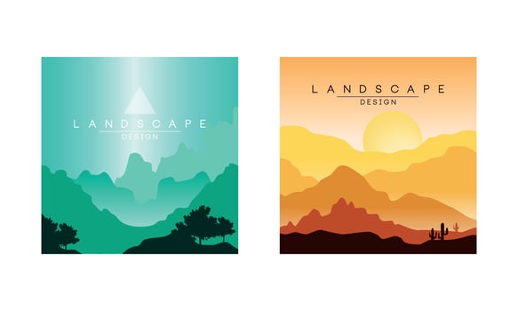 Beautiful Mountain Landscape at Day and Evening Time, Peaceful Nature Background, Banner, Poster, Cover Set Illustration vector