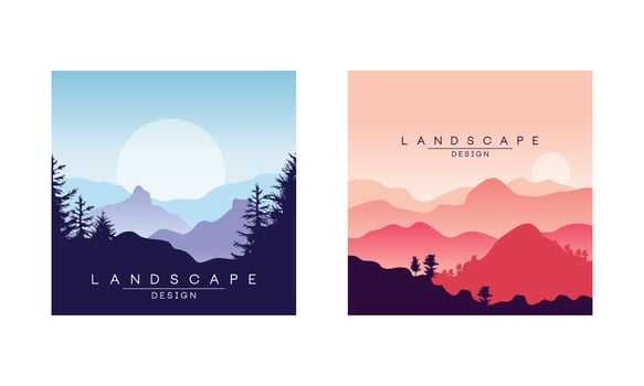 Beautiful Peaceful Mountain Landscape at Sunrise and Sunset, Majestic Nature Background, Banner, Poster, Cover Set Illustration vector