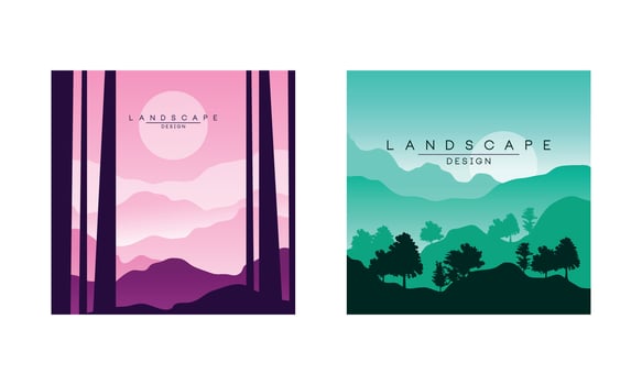 Beautiful Mountain Landscape at Morning and Evening, Peaceful Nature at Different Times of Day Background, Banner, Poster, Cover Set Illustration vector