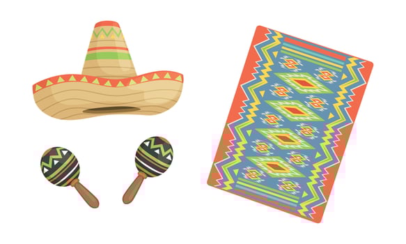 Mexican Carpet, Sombrero Hat and Maracas, Traditional Symbols of Mexico Set, Cartoon Illustration vector