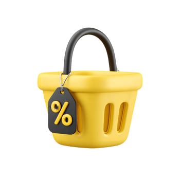 3D Rendering Yellow Shopping Basket with Percentage Tag for Discount png