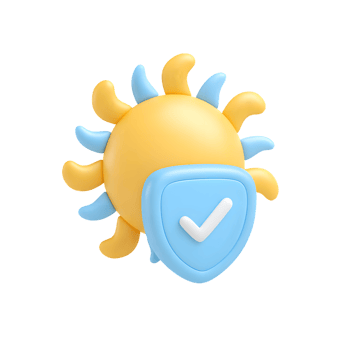 3D Rendered Sun with Shield and Checkmark Icon Illustration png