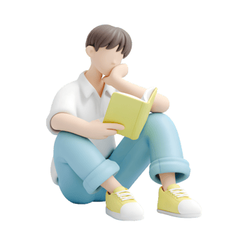 Cartoon 3D Rendering of Young Boy Reading Book While Sitting Down png