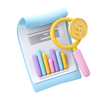 3D Rendered Financial Report Chart with Magnifying Glass and Coin png