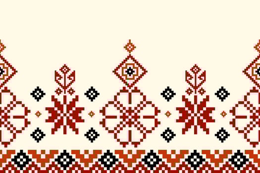 flower embroidery on cream background. ikat and cross stitch geometric seamless pattern ethnic oriental traditional. Aztec style illustration design for carpet,wallpaper,clothing, wrapping,batik. vector
