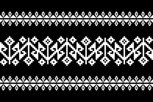 Monochrome ethnic pixel art border with a central zig-zag motif and geometric elements. A clean and bold design for textiles, borders, and graphic projects. vector