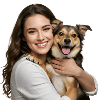 Happy woman hugging small brown and white pet dog lovingly png
