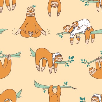 Pattern of cute sloths on a beige background vector