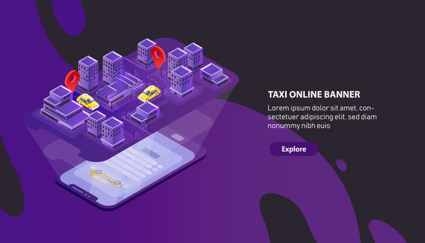 Taxi app illustration with city buildings vector