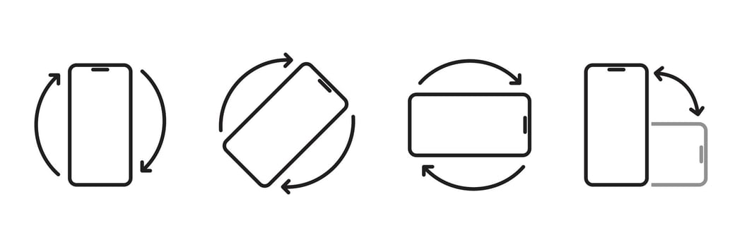 Smartphone rotation icons showing different screen orientation changes with arrow symbols for mobile devices, responsive design, and user interface concepts vector