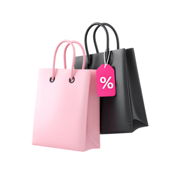 Stylish 3D Rendered Shopping Bags with Percentage Tag for Retail Promotion png