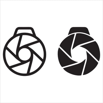 Two stylized camera aperture symbols one outline one solid vector