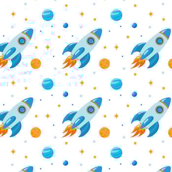Bright space pattern for kids with rocket, planets and stars. simple flat style. Wrapping paper and textiles vector