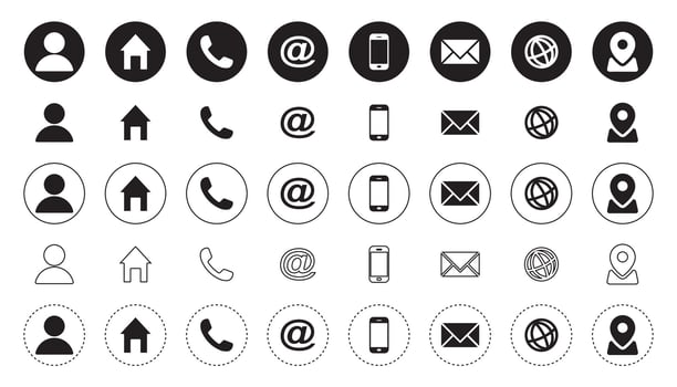 Contact Icons Set. Phone, Email, Location, Web, User, Home Symbols vector