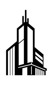 Stylish monochrome illustration of a modern high-rise building with sharp angles and geometric design. vector