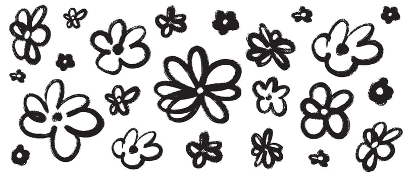 Hand drawn grunge brush flowers, monochrome artistic botanical banner. Doodle isolated floral elements vector