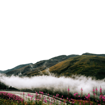 Scenic mountain landscape with fog rolling through the valley isolated on transparent background png