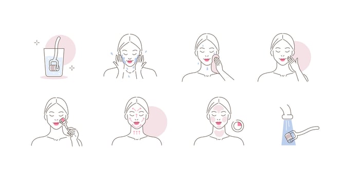 Beauty girl take care of her face and doing mesotherapy procedure at home. Instruction how to use derma roller with microneedles vector