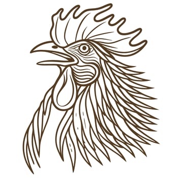 Rooster head line art with crest and feathers stylized bird illustration, farm animal symbol graphic vector