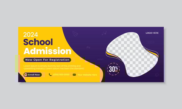 School admission announcement banner with space for student photo and contact information vector