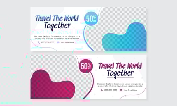 Travel the world together dual banners with discount offers and photo areas for exciting vacation packages vector