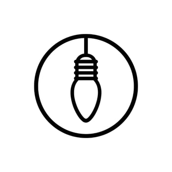 Black outline illustration shows single lightbulb hanging inside a circle on white background vector