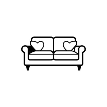 Isolated sofa icon with heart shaped pillows offers a minimalist and romantic design on white background vector