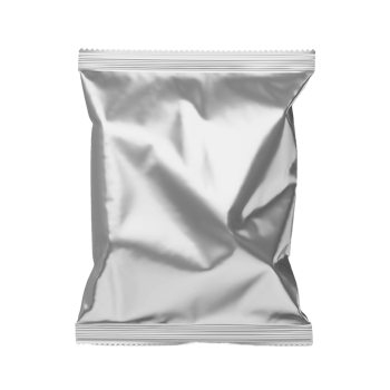 Blank silver foil bag isolated on transparent background for food or snack png