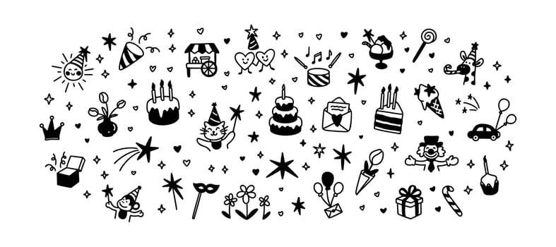 Set of hand drawn cute line doodle kid birthday icons. Childish crayon scribbles. Celebration cake with candles, funny clown, giraffe, monkey congratulating new born. Party invitation background vector
