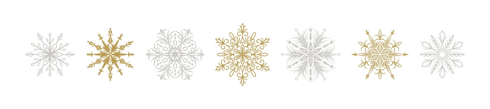 Winter snow flake fancy border. Merry Christmas and Happy New Year greeting card, invitation, banner design. Gold and silver snowflakes festive celebrate background. elements ornament vector