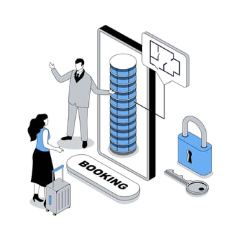 Booking 3d isometric concept with isometry people design for web. Tourist with luggage arriving at hotel accommodation, making registration with online reservation at reception. illustration vector