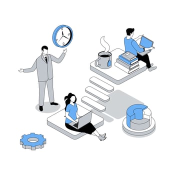 Coworking 3d isometric concept with isometry people design for web. Company employees work at laptops, entrepreneur giving tasks and managing process, freelance collaboration. illustration vector