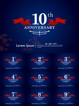 Set of anniversary celebration emblem. congratulations elegant anniversary logo isolated with red ribbon on dark blue background. vector