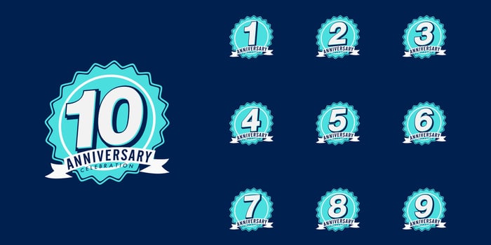 Set of anniversary celebration emblem. congratulation anniversary blue medal logo isolated with ribbon on blue background. vector
