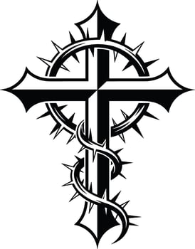 A detailed black cross design adorned with a crown of thorns and a twisting branch element vector
