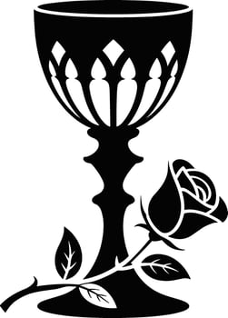Elegant black silhouette depicting a decorative chalice beside a detailed blooming rose illustration vector