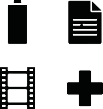 Simple black and white icon set depicting battery document filmstrip and medical cross symbol vector