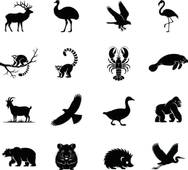 Collection of diverse silhouetted animals including birds mammals and marine creatures in black and white vector