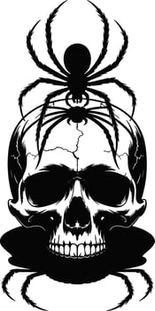 Graphic illustration of a skull adorned with two spiders representing halloween or dark themes. vector
