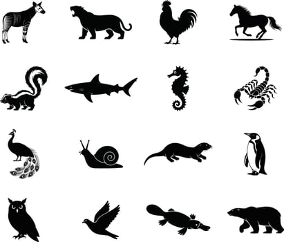 Silhouetted animals collection a diverse selection of mammals birds fish and invertebrates for design vector