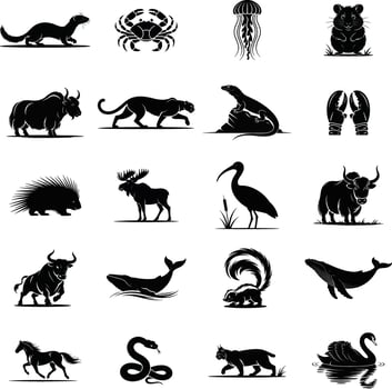 Collection of diverse black and white animal silhouettes suitable for logos and decorative elements. vector