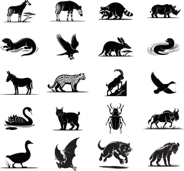 Black and white animal silhouettes collection featuring diverse wildlife illustrations for design projects vector