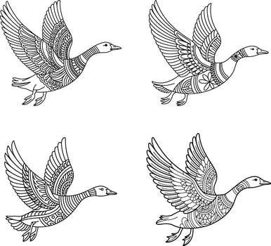 Artistic black and white illustration of four flying geese with intricate decorative patterns on white background vector