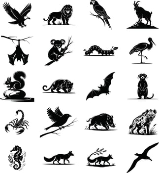 Black and white animal illustrations set including diverse wildlife for design projects and creative concepts. vector