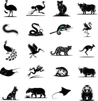 Collection of diverse and stylized black silhouettes featuring various animals and wildlife on a white background vector