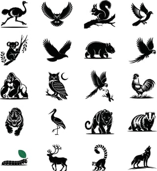 Black and white animal silhouettes illustrations for nature wildlife designs and educational projects vector